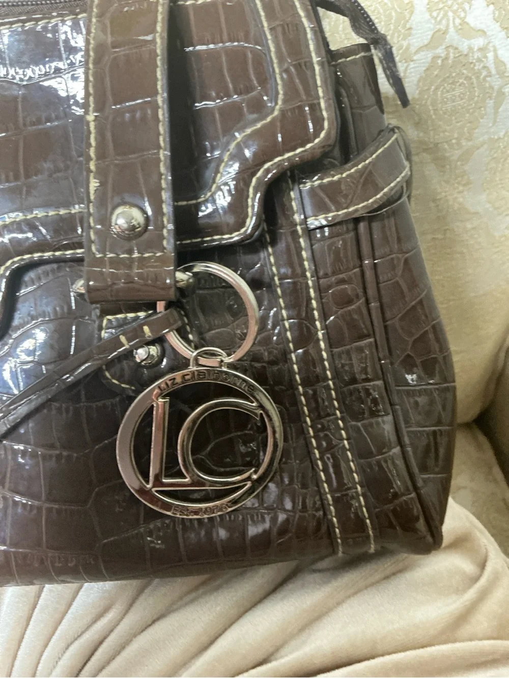 Liz Claiborne Dark Chocolate Brown Croc-Embossed Patent Shoulder Bag Y2K,mcbling